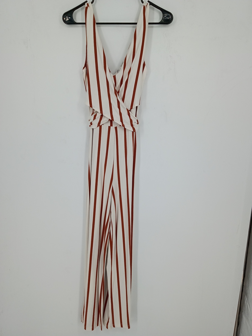 Bershka White and Rust-Striped V-Neck Wrap Jumpsuit